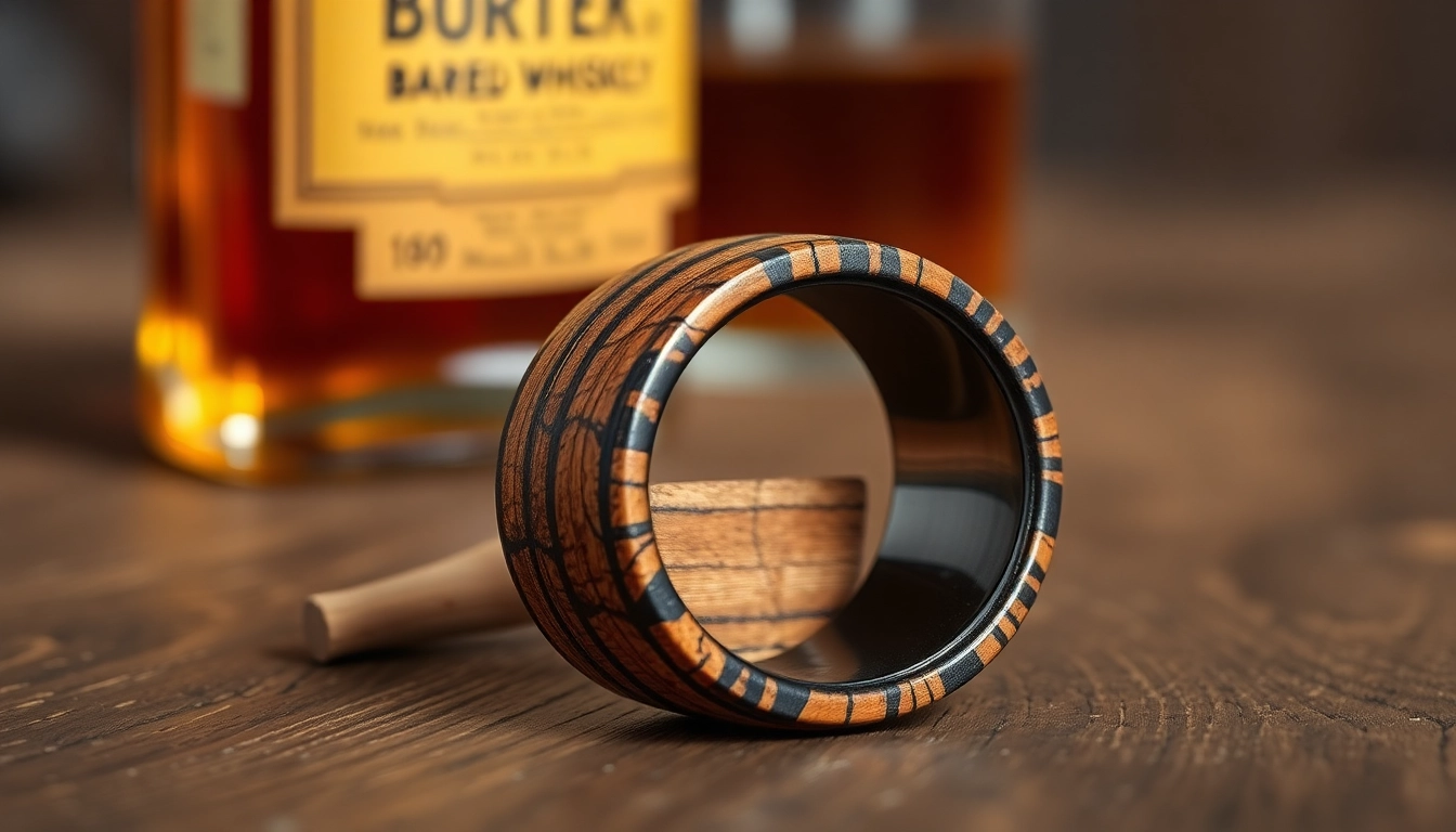 Admire the unique Whiskey Barrel Wedding Bands crafted from authentic bourbon barrel wood.