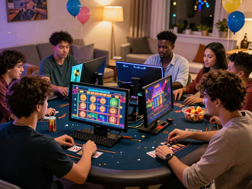 Friends enjoying casino online games in a cozy living room setting, highlighting excitement and social interaction.