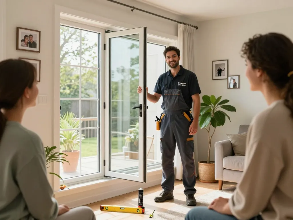 Professional installer showcasing a successful window replacement in a bright living room.