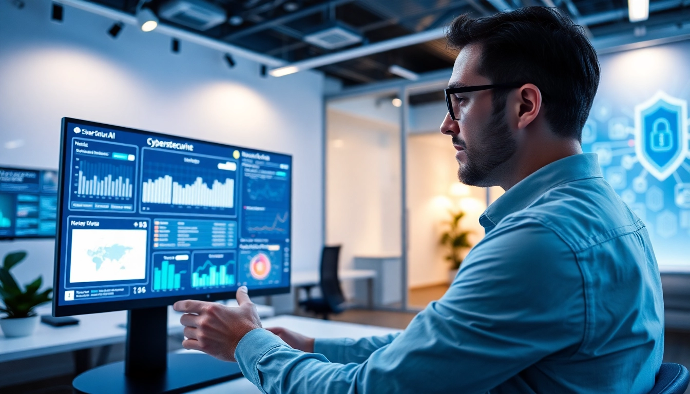 Professional analyzing real-time cybersecurity metrics powered by AI in a modern office setting.