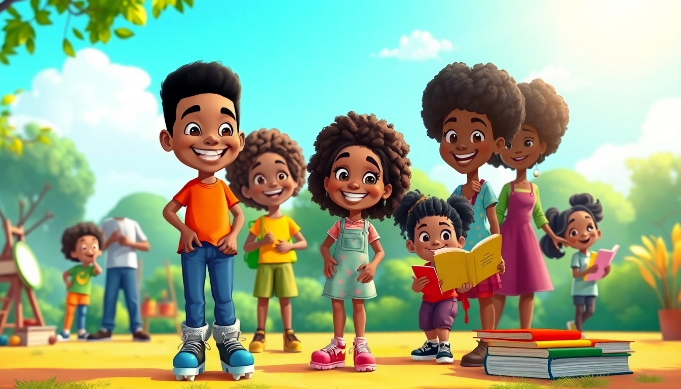 Celebrating African American Cartoons with diverse characters in a vibrant park setting.