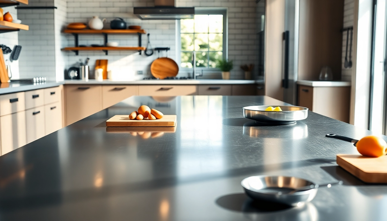 Showcase a steel table for kitchen with polished finish in a modern culinary setting.