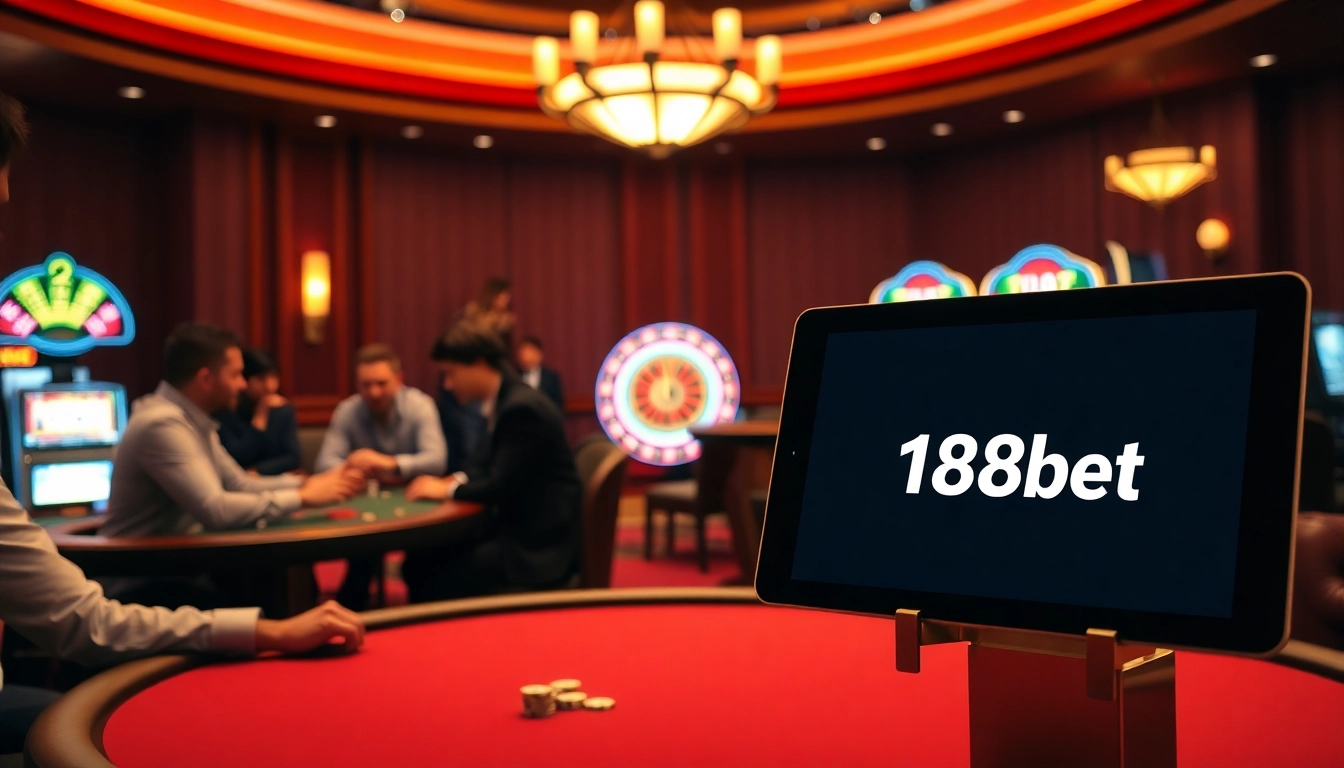Experience the excitement of online gambling with link 188bet displayed on a premium device in a vibrant casino setting.