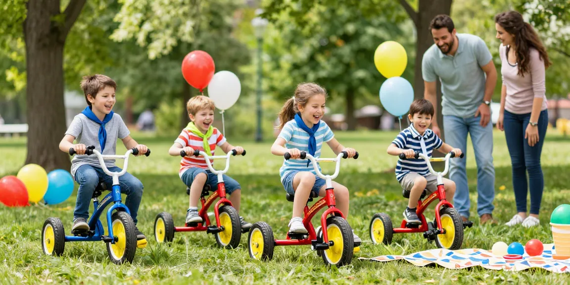 Kids joyfully riding the best kids tricycles in a sunny park, showcasing colorful designs and outdoor fun.