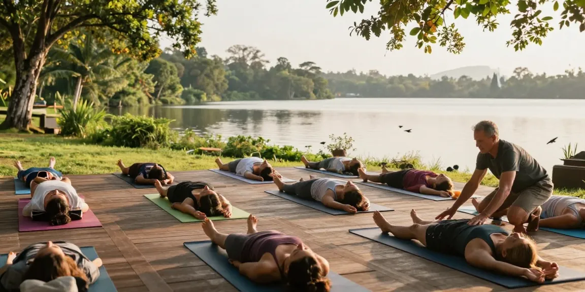 Simon Borg-Olivier intensive Sri Lanka yoga participants practicing by Koggala Lake.