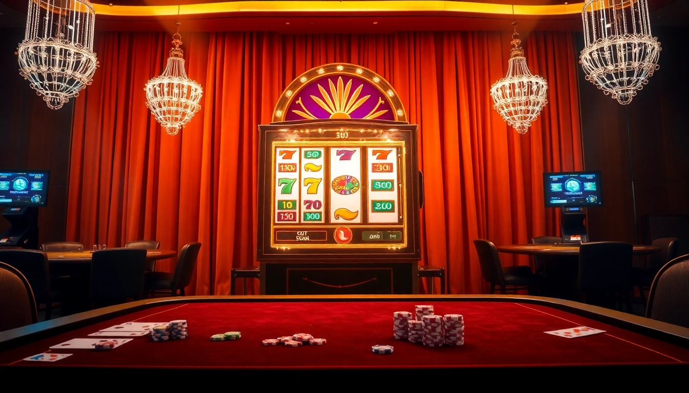 A thrilling agen toto slot action scene featuring vibrant slot machines and poker chips.