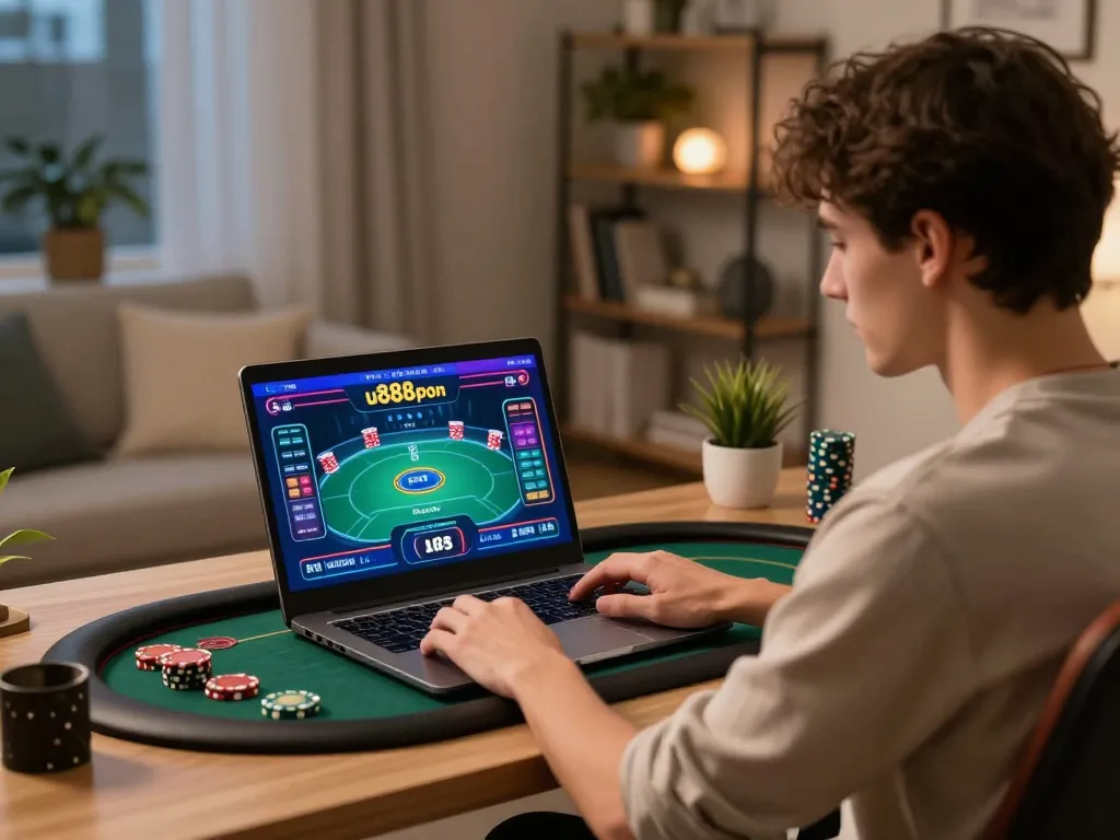Enjoying an engaging online session for u888poker in a cozy home office.