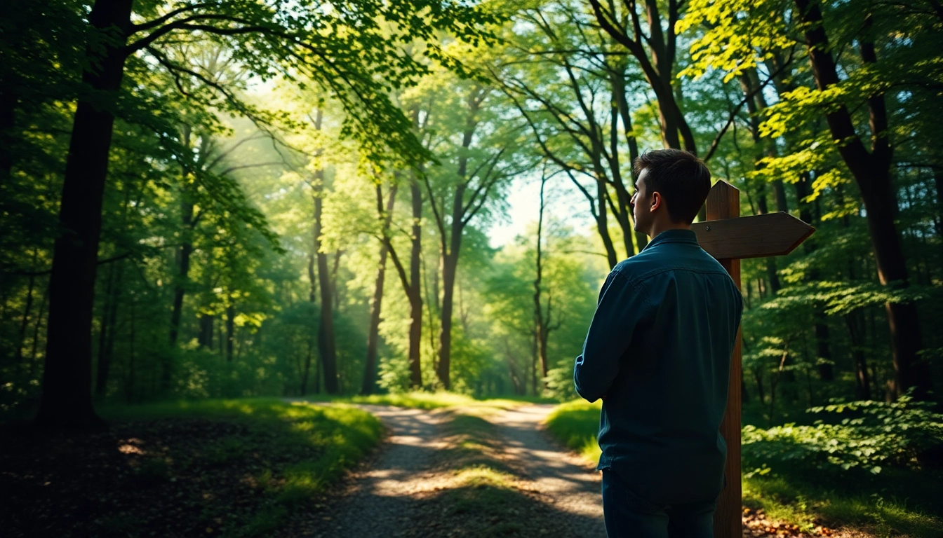 Find my true calling at a crossroads in a serene forest, representing career choices and life's direction.