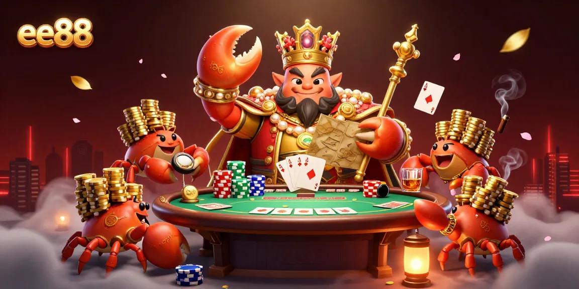Engage with ee88's dynamic poker scene featuring a golden crab emperor and colorful stacks of chips.