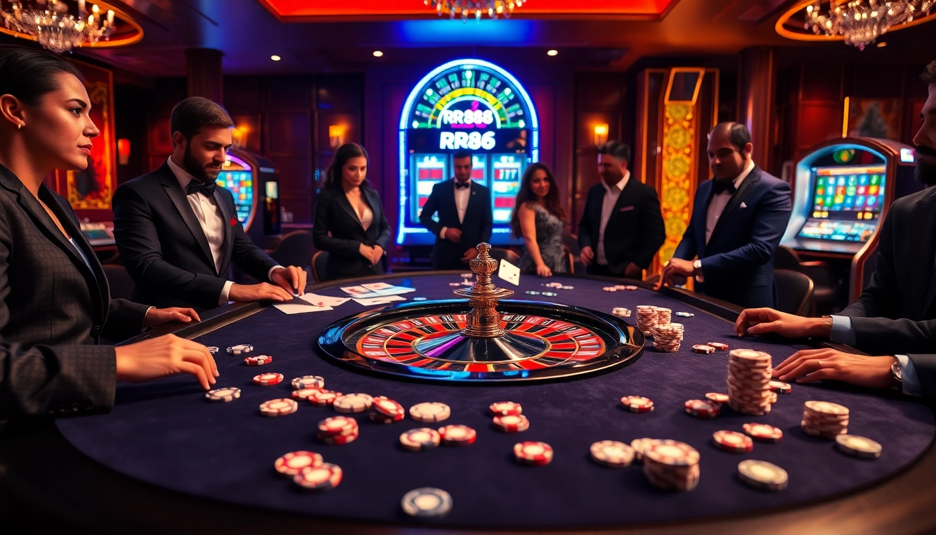 Engaging gamblers at RR88 link roulette table with vibrant chips and cards.