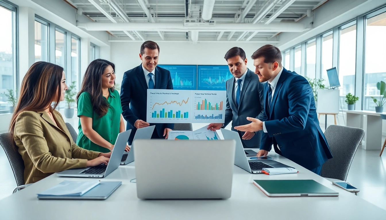 Business team collaborating to find competitor pricing strategies in a modern office environment.