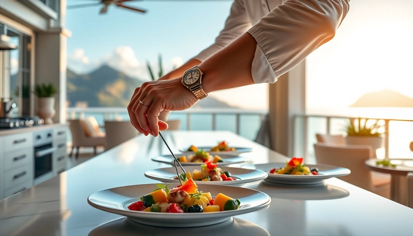 Chef crafting exquisite dishes as St Martin Private Chef in a vibrant villa kitchen.