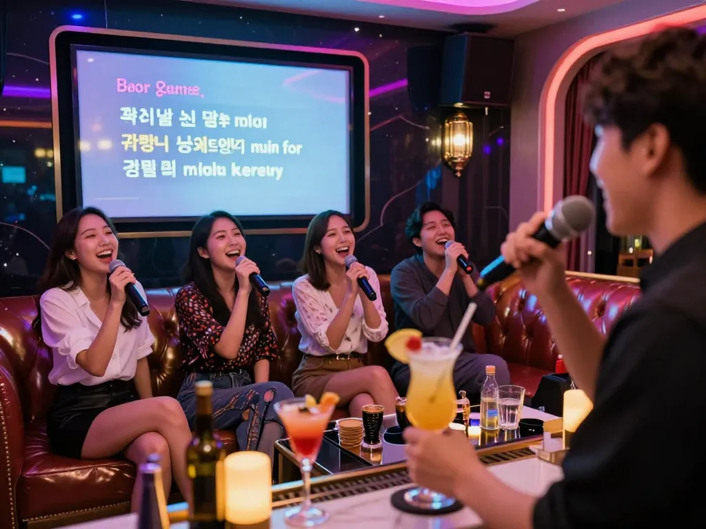 활기찬 분위기 속에서 친구들과 함께 강남달토에서 즐거운 노래방 밤을 보내는 모습.