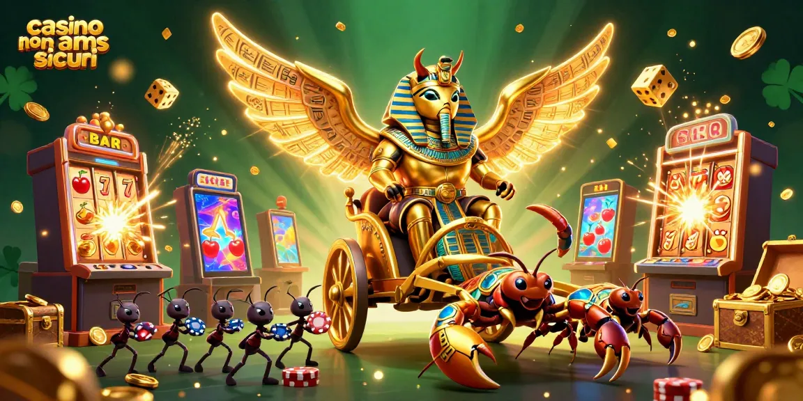 Gioca nei casino non AAMS sicuri con questa avvincente illustrazione di uno scarabeo dorato e simboli delle slot machine.