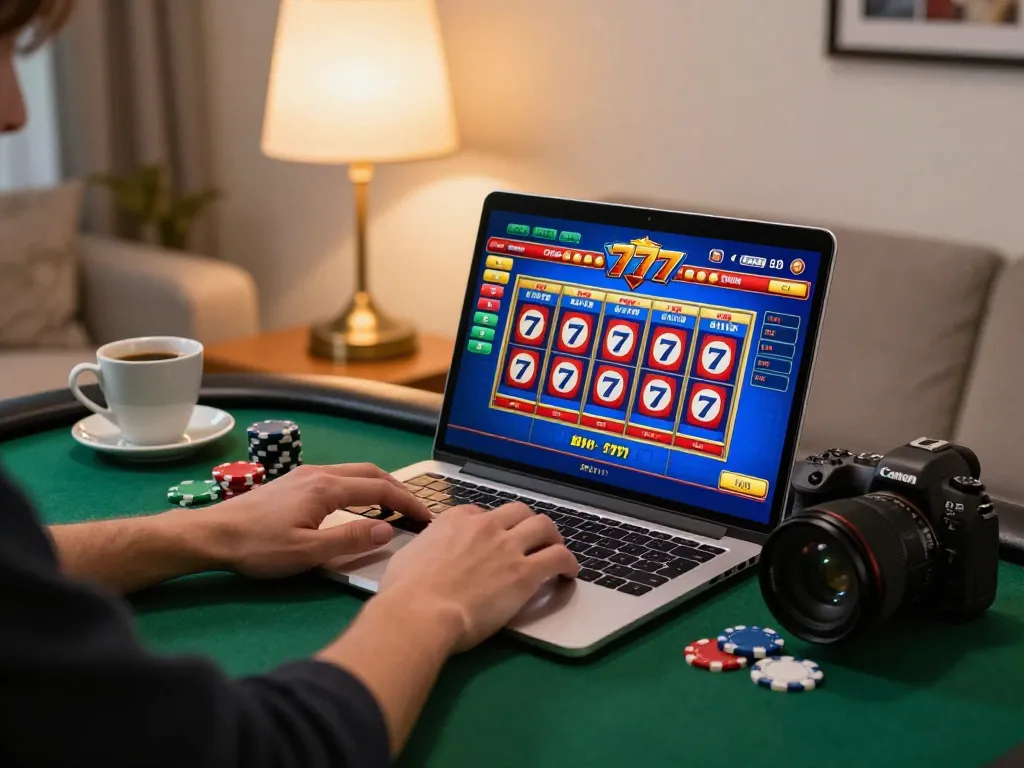Engaging moment playing Slot777 online with warm home atmosphere and vibrant game graphics.