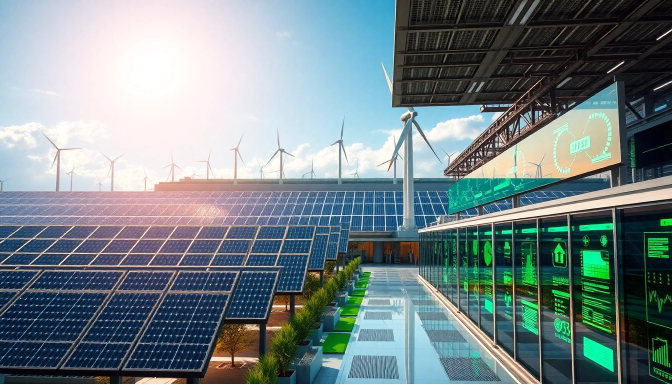 Visual representation of cluod mining facilities powered by renewable energy sources, showcasing solar panels and wind turbines.
