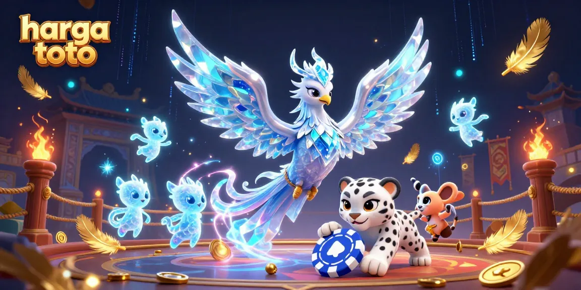 Engage with harga toto gaming excitement through a vibrant illustration showing an ice phoenix, a snow leopard, and ice sprites.
