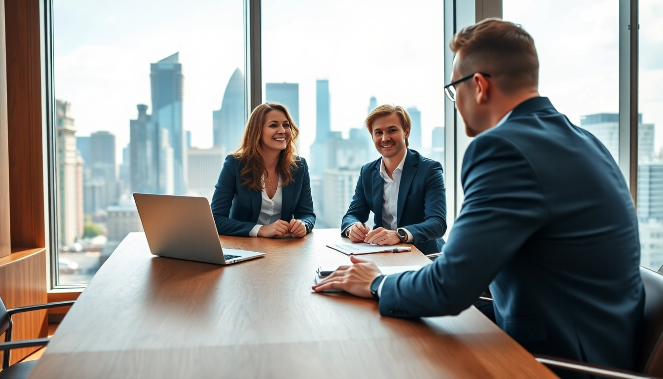Headhunter advising clients in an urban office, showcasing professionalism and clarity.
