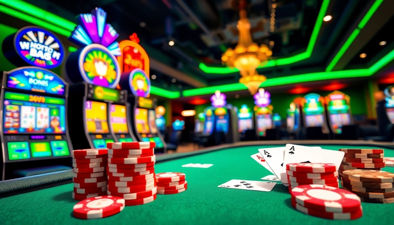 Explore exciting casino bonuses in a vibrant gaming room atmosphere with illuminated machines.
