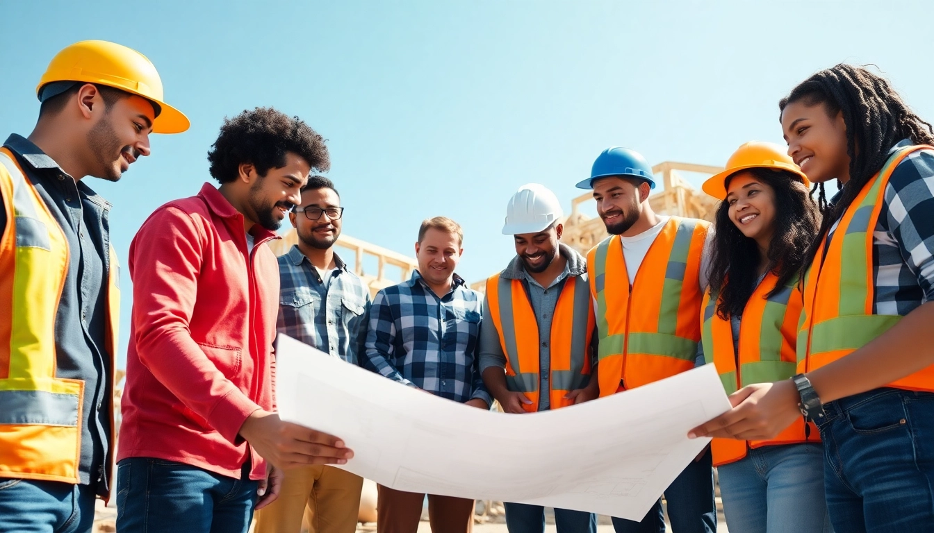 Engaged individuals working on a construction apprenticeship, collaborating on site with blueprints.