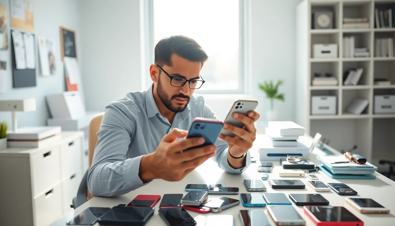 iPhone cash buyer assessing used smartphones in a bright office environment.