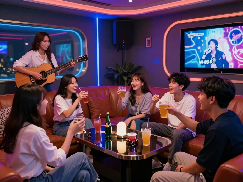 친구들과 함께 카라오케를 부르며 프라이빗 룸에서 음료를 즐기는 역동적인 인천쓰리노의 밤문화.