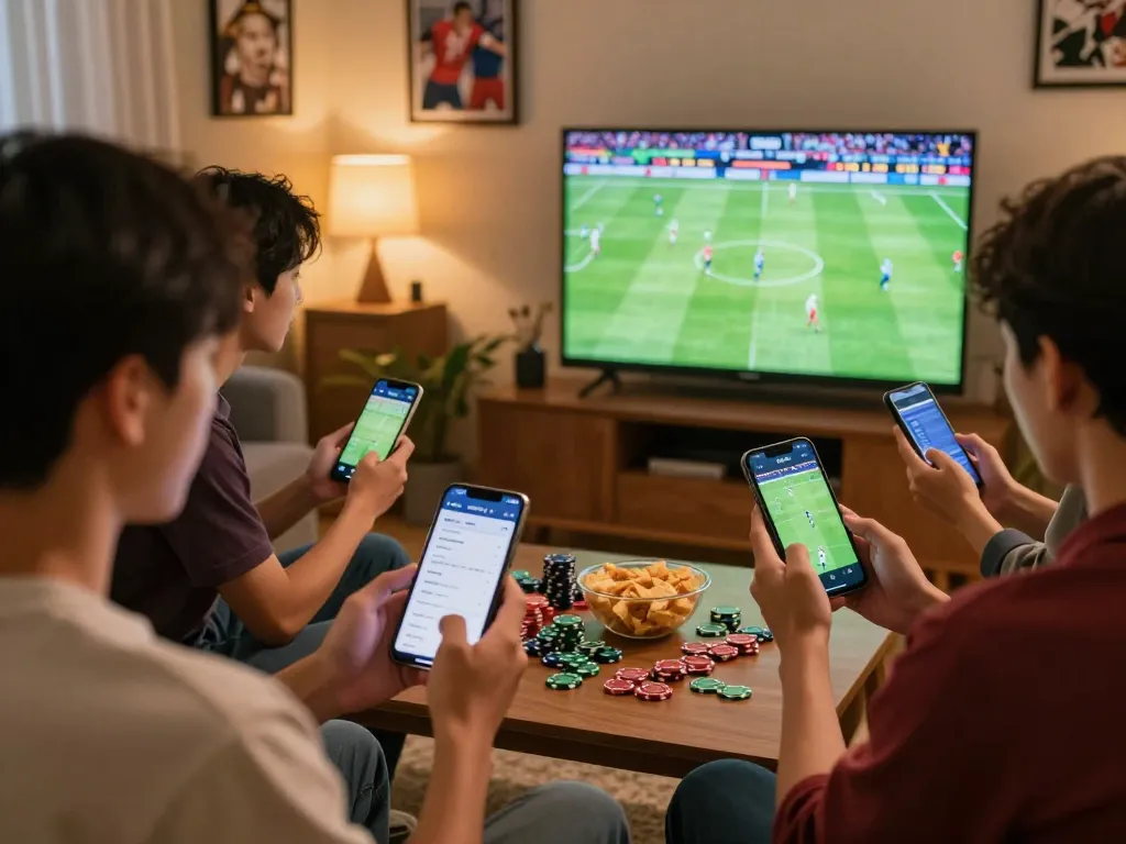 Friends engaging in live sports betting using 7meter bola app during an exciting football match.