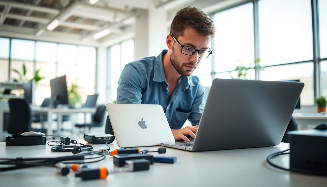 Enhancing computer services through expert technician work on a laptop.