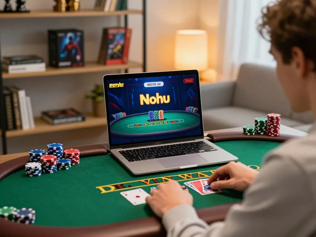 Nohu player placing strategic bets during an intense online blackjack game at home.