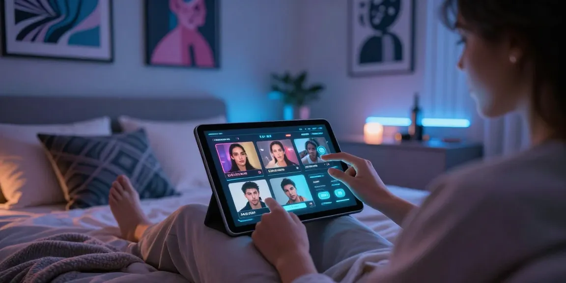 Exploring ai porn content on a sleek tablet in a cozy digital bedroom.