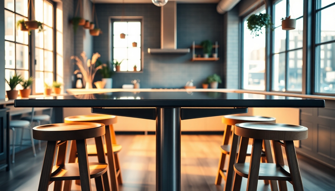 View of a modern steel table for kitchen showcasing its sleek design and cozy decor.