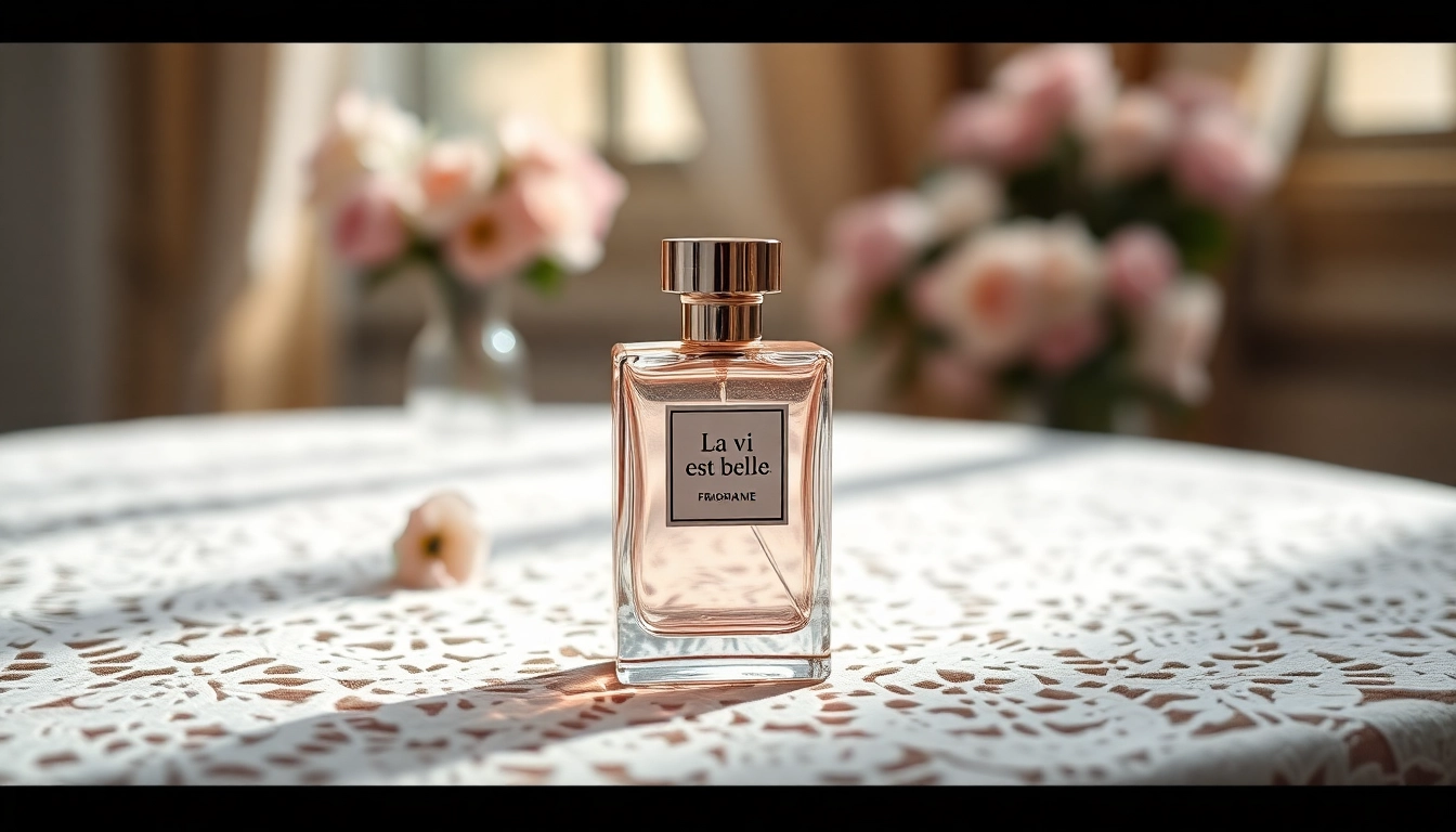 Admire La vi est belle fragrance bottle displayed amidst romantic florals.