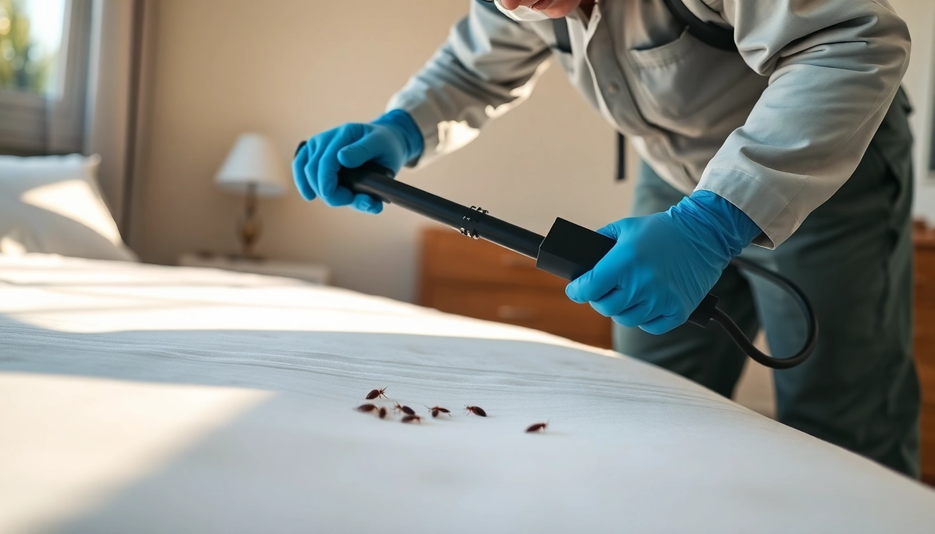 Bed bug exterminator milwaukee inspecting a bedroom for bed bugs with professional tools.