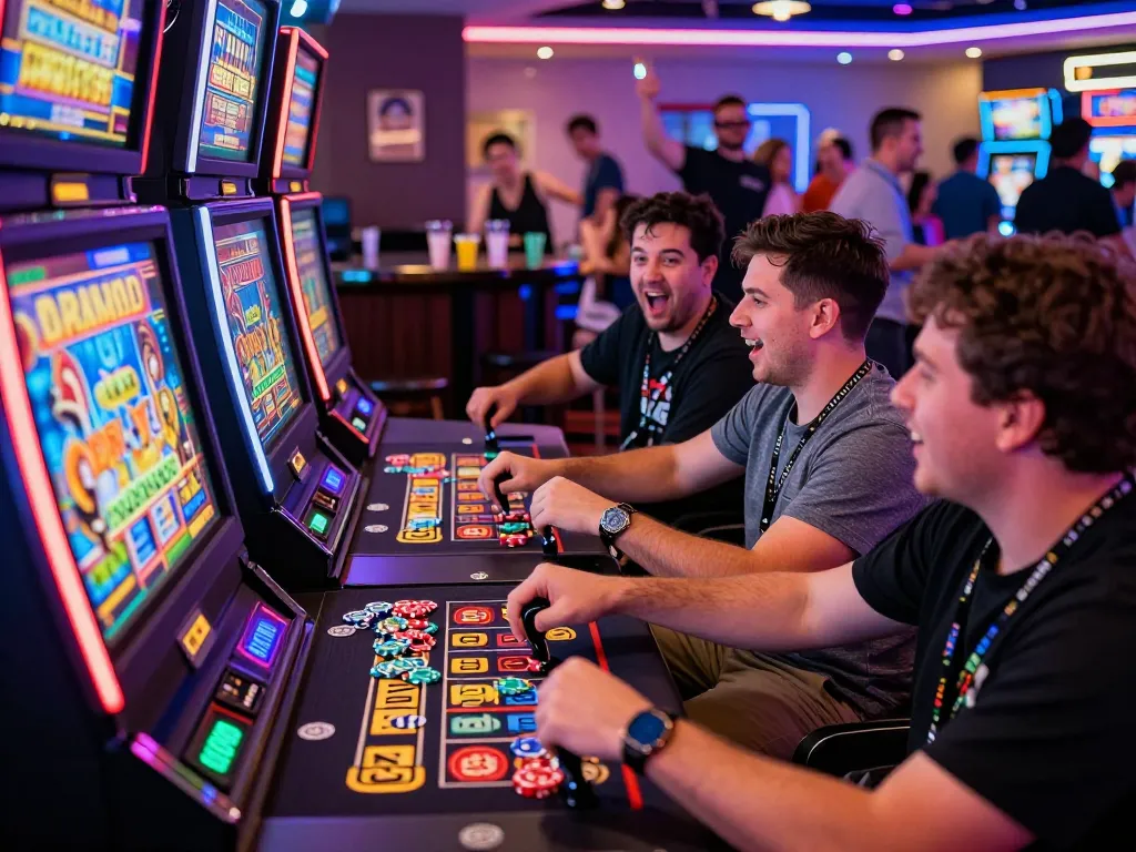 Exciting scene of players engaging with a link gacor slot machine in a vibrant casino.
