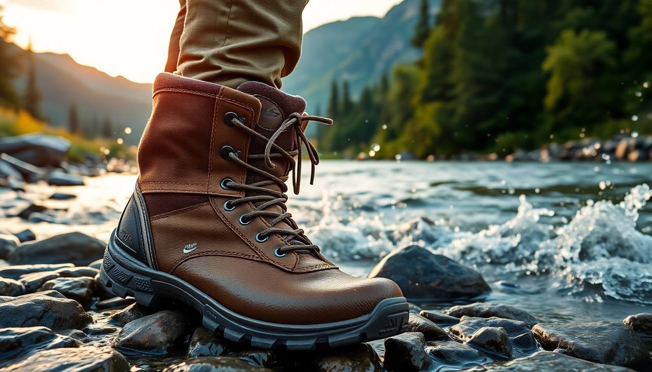 Fly fishing boots positioned on a riverbank, embodying adventure and ruggedness.
