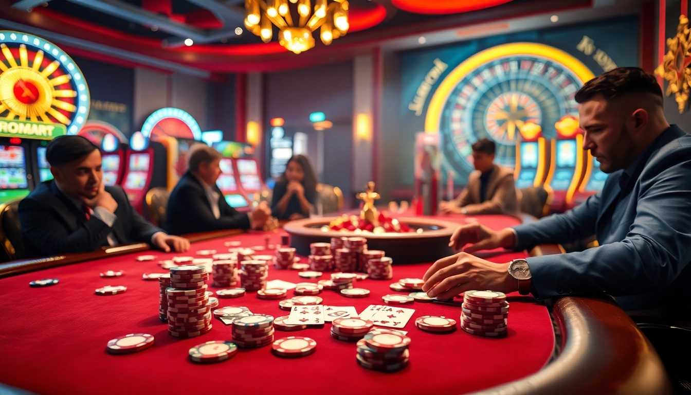 Players engaging with MK 8 poker chips and cards at a luxurious gambling table.