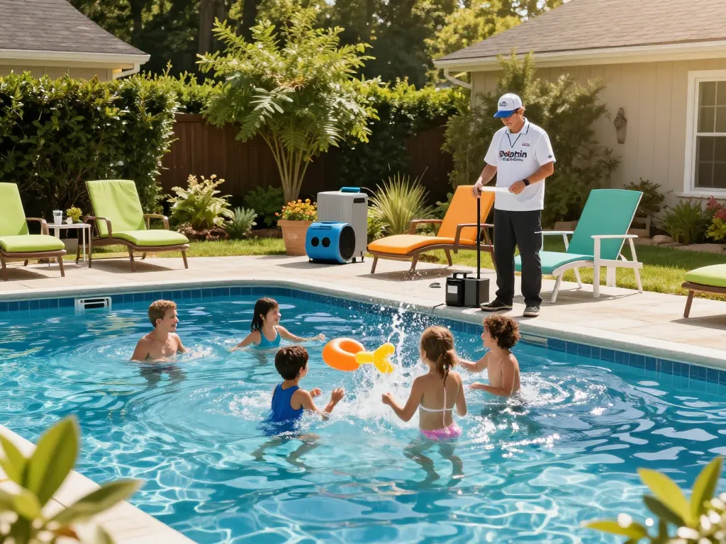 Dolphin Pool Services professional maintaining a vibrant family pool in Virginia.