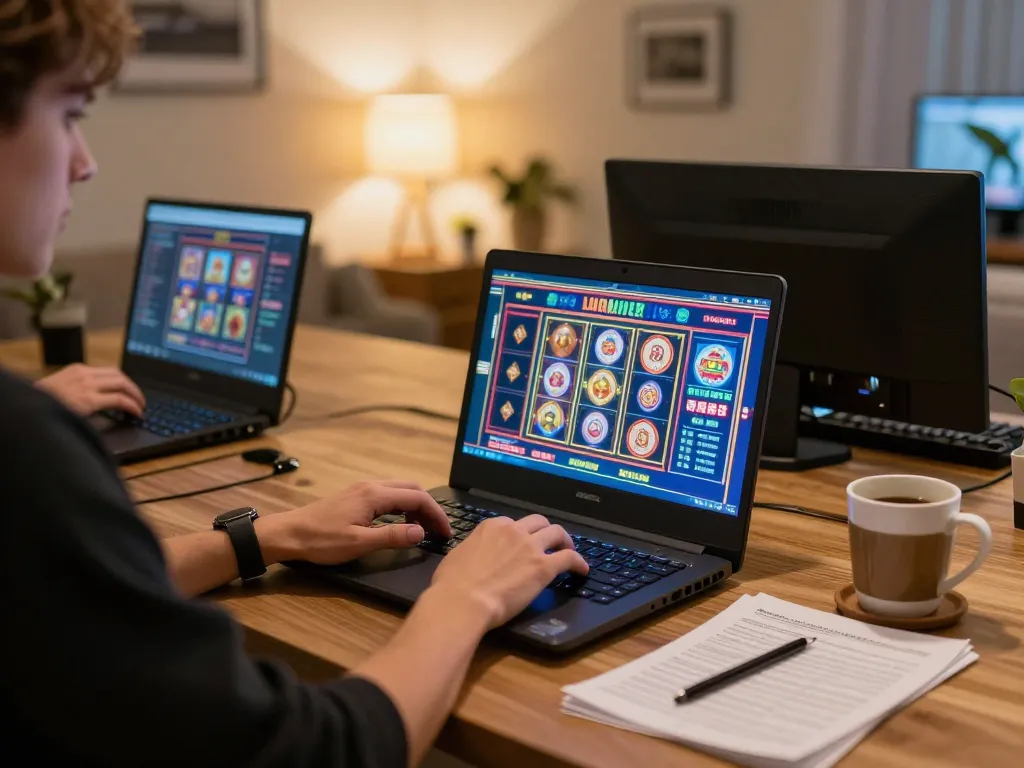 Engaging in link slot gacor online gaming with colorful slot machines on laptop screen, showcasing winning moments and responsible entertainment.