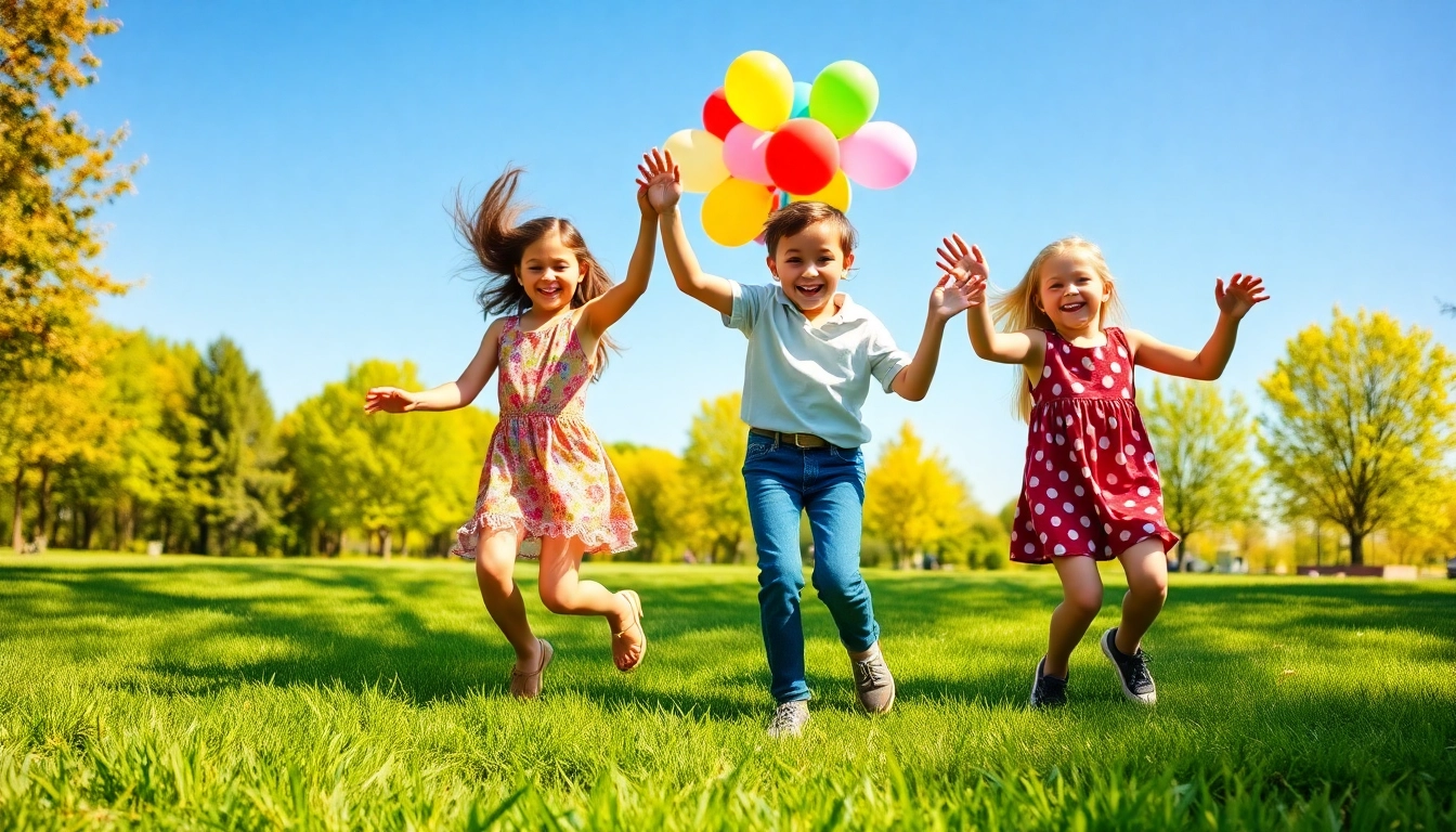 Children happily movin and groovin while dancing in a sunny park with colorful balloons.