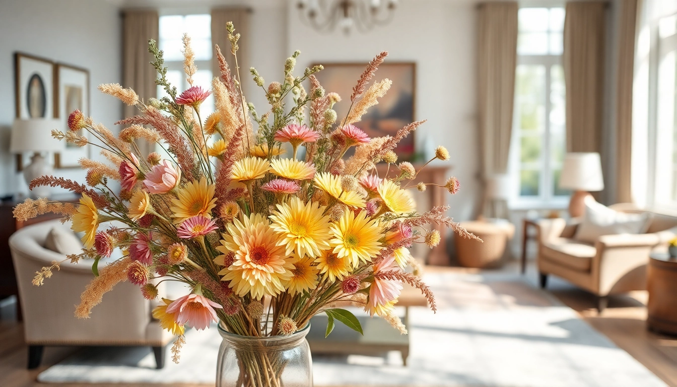 Embellish your space with colorful dried blooms arranged elegantly in a cozy setting.