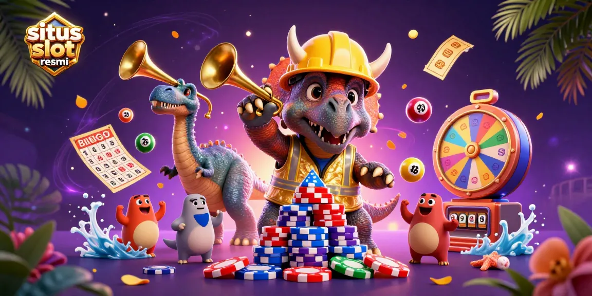 Experience excitement at situs slot resmi with a triceratops building poker chip towers, surrounded by colorful lottery elements.