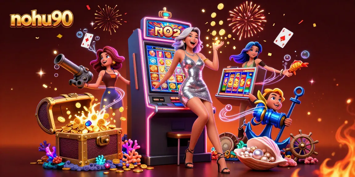 Nohu90 offers an exciting casino experience with golden coins erupting from a jackpot slot machine.