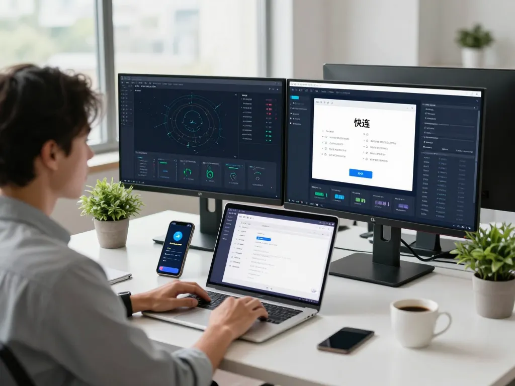 快连 software interface displayed on a modern tech workspace desk, enhancing productivity and network speed.