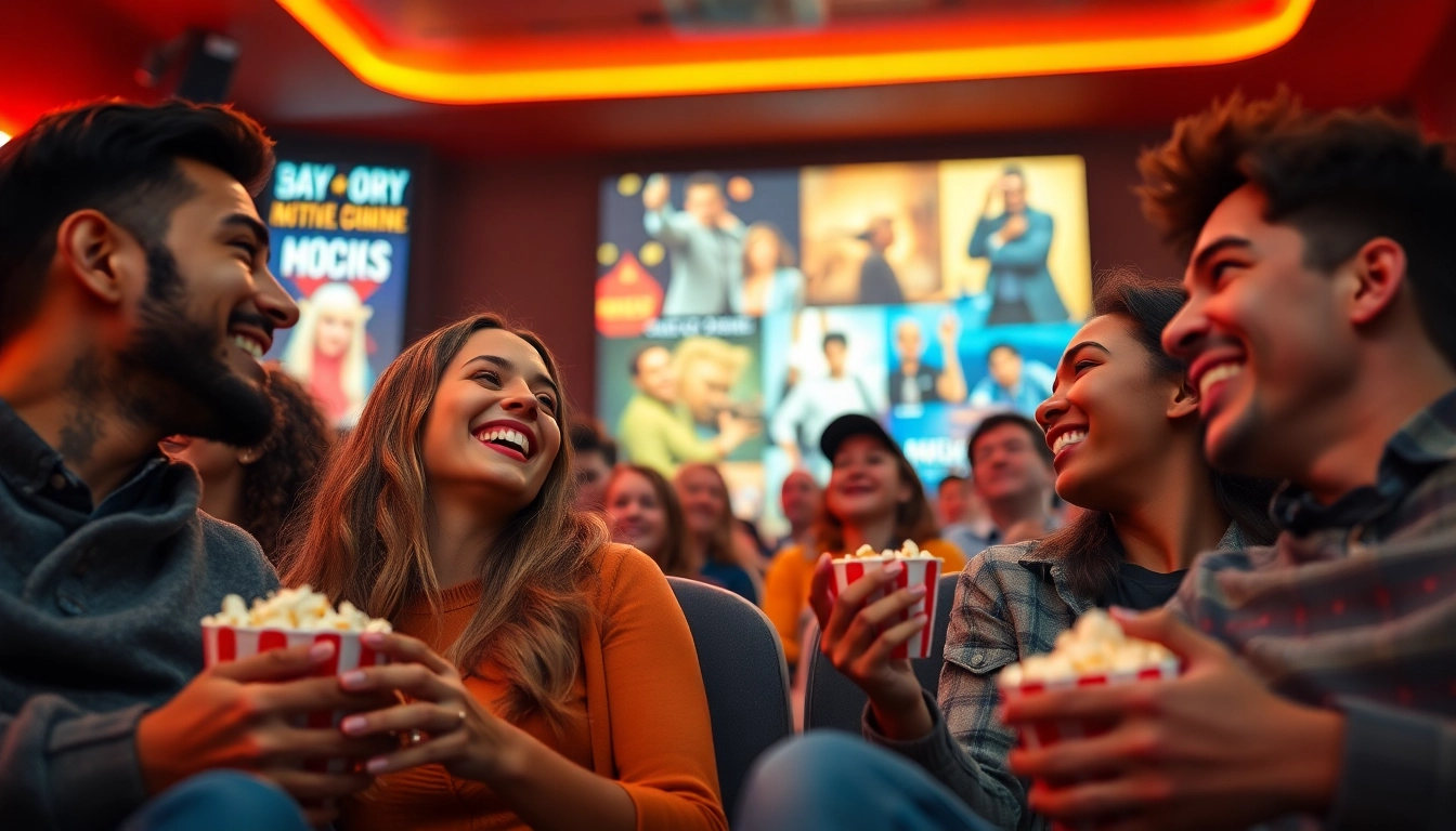 Watching fun movies online with friends at a vibrant cinema instantly captures joy and excitement.