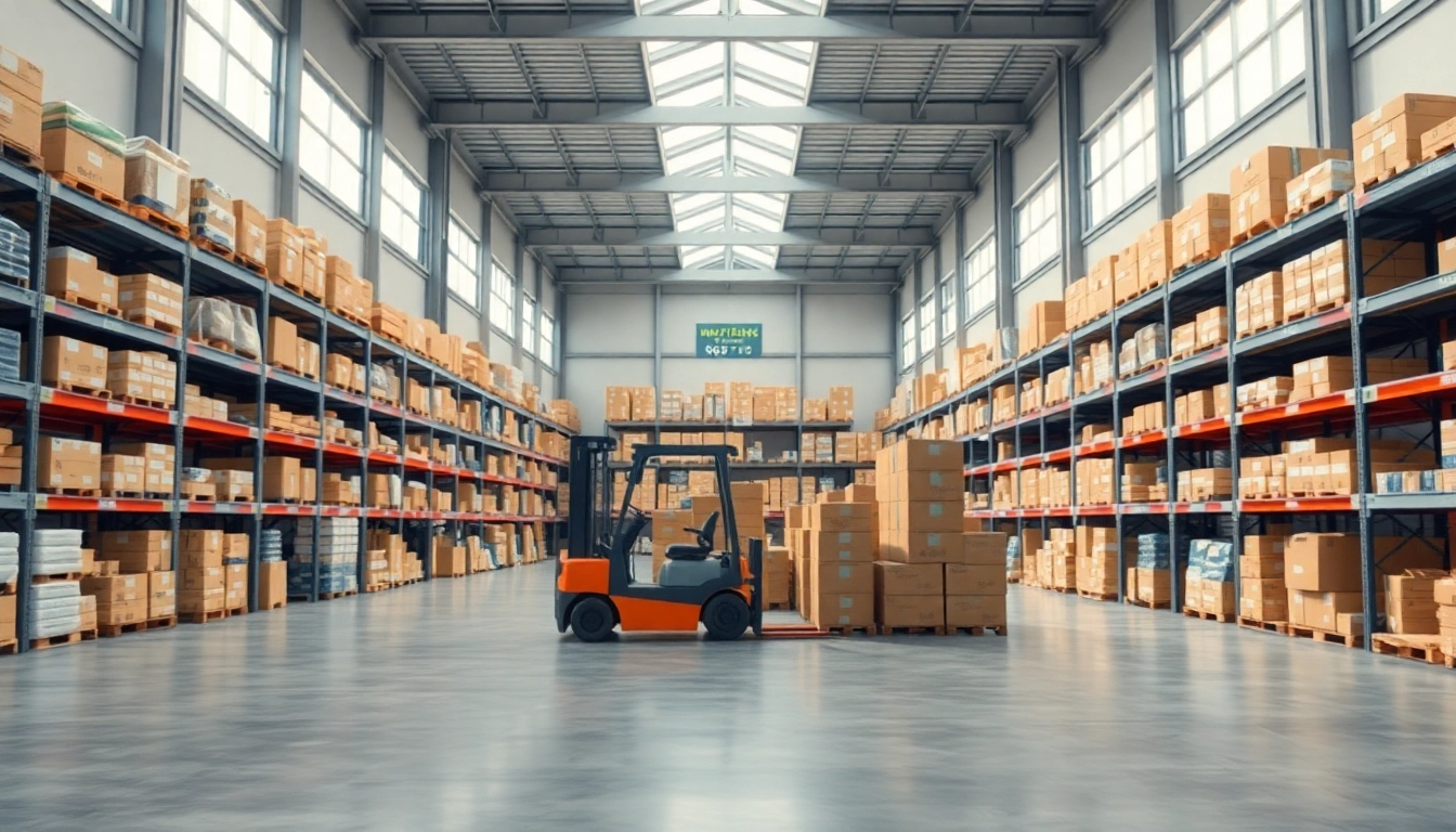 Warehouse interior featuring organized shelves and a forklift, showcasing efficiency in logistics.