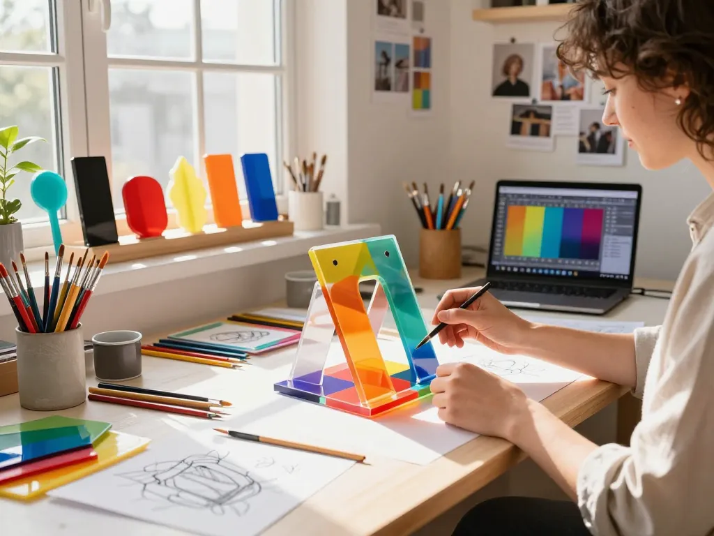Custom acrylic stand displayed in a vibrant studio with artist designing colorful shapes and materials.