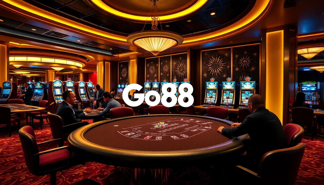 Go88 players enjoying a vibrant casino atmosphere with tables and slot machines.