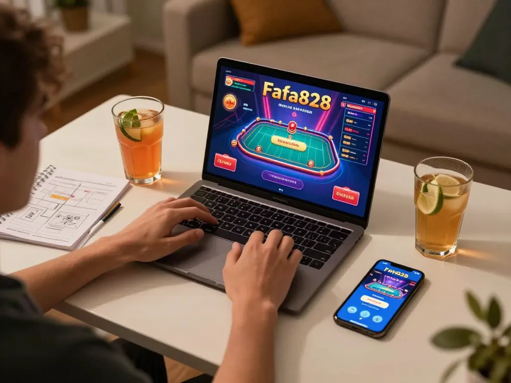 FAFA828 online gaming session with player using laptop at home, showcasing vibrant casino graphics.