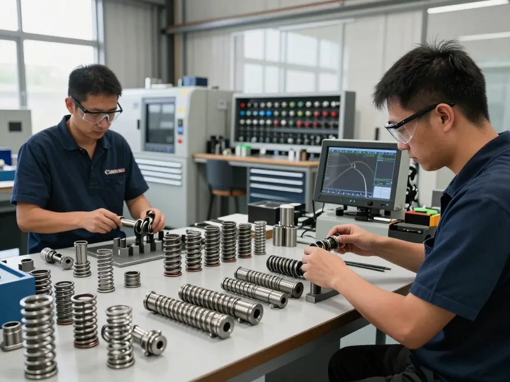 Tehnician inspectând arcuri ciur într-un mediu industrial.
