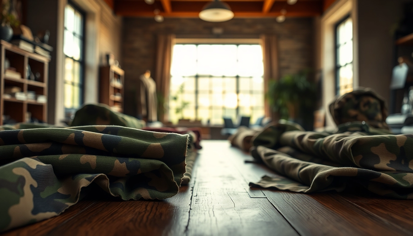 Bekijk verschillende camouflage stoffen met unieke patronen en texturen op een houten tafel.